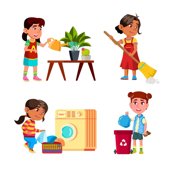 Κορίτσια Καθαρίζουν Και Κάνουν Δουλειές Του Σπιτιού Μικρές Κυρίες Πότισμα — Διανυσματικό Αρχείο
