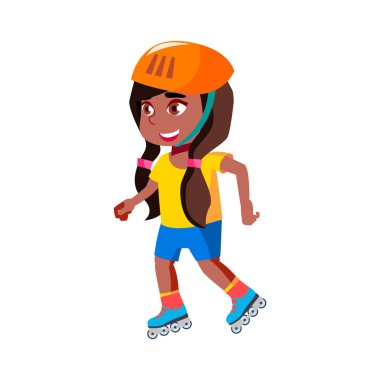 Park Vector 'da Paten Süren Kız Çocuk. Afrikalı Mutlu Bayan Çocuk Koruyucu Miğfer Takıyor Paten Sürüşü Açık havada, Karakter Bebeği Spor Aktivitesi Düz Çizgi Film Çizimi