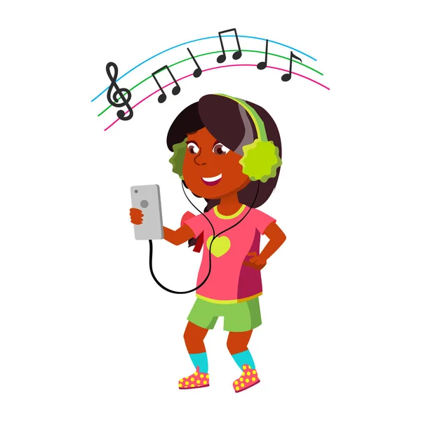 Menina Ouvir Música Fones Ouvido Telefone Vector Felicidade Indiana Preteen —  Vetores de Stock