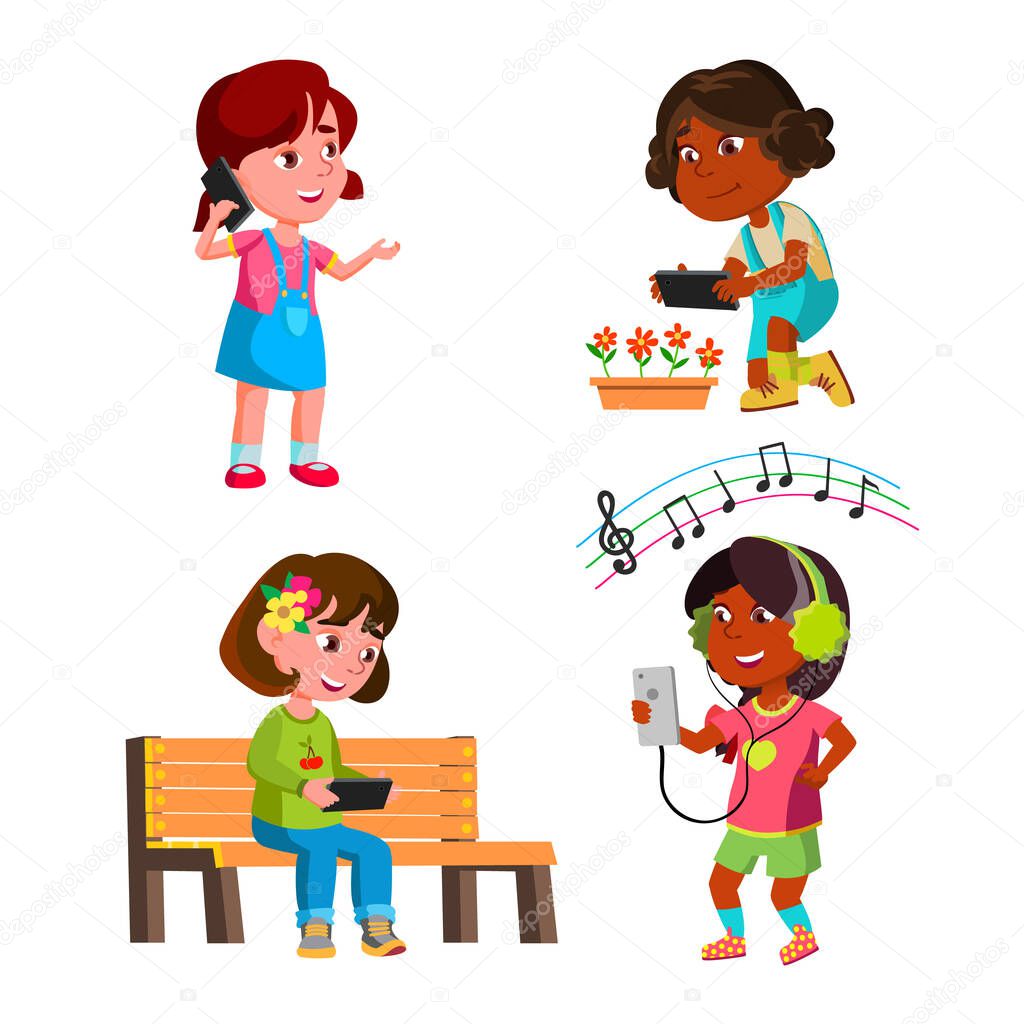Girls Kids Using Smartphone Gadget Set Vector. Preteen Ladies Use Smartphone For Communication And Make Photography On Camera, Listening Music And Watching Video. Characters Flat Cartoon Illustrations