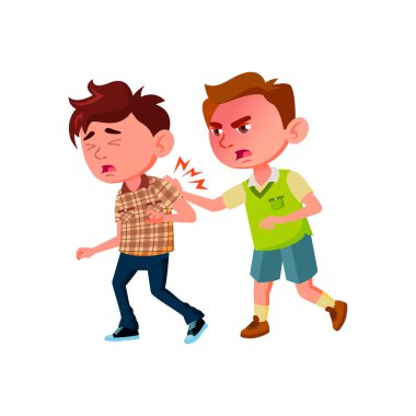 Agresif Çocuk Okul Seçmeninde Sınıf Arkadaşını Tekmeliyor. Kızgın Öğrenci Çocuğu Tekmeliyor, Çatışma ve Mücadele. Zorbalık ve Saldırganlık Davranışları Çizgi Film Çizimleri