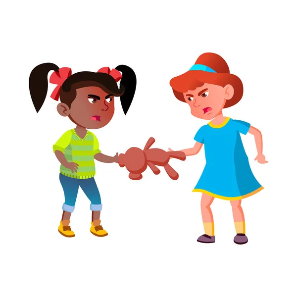Girls Children Quarreling Teddy Bear Vector Белая Африканская Дошкольницы Ссорятся — стоковый вектор