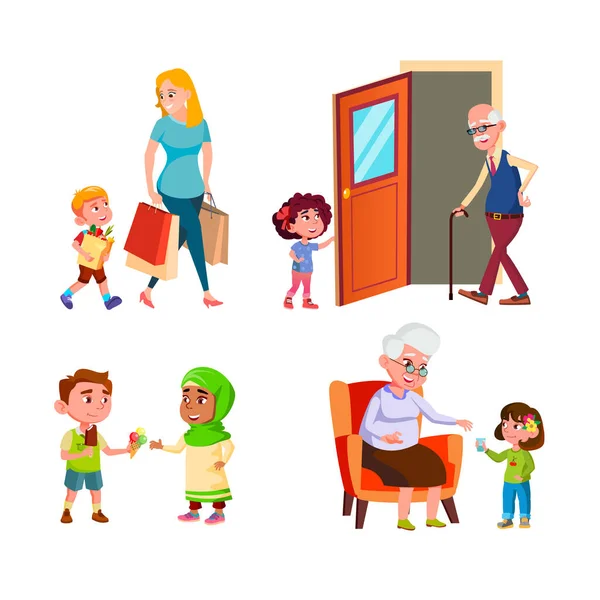 Kids Good Manners Different Situations Set Vector Son Help Mother — Stock Vector