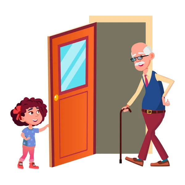 Girl Child Opening Door Grandfather Vector Polite Preteen Granddaughter Help — Stock Vector