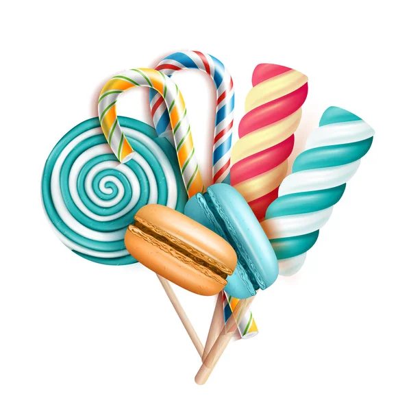 Macarrones pasteles y caramelos Lollipop Set Vector — Vector de stock