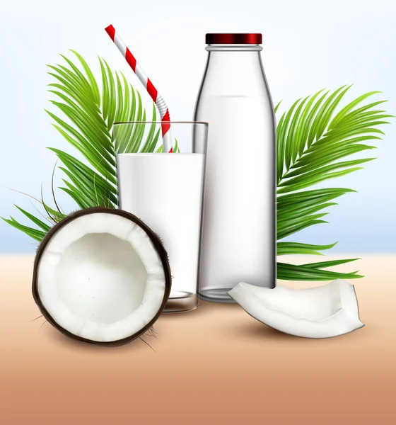 Boisson biologique au lait de coco et vecteur de branche de palme — Image vectorielle