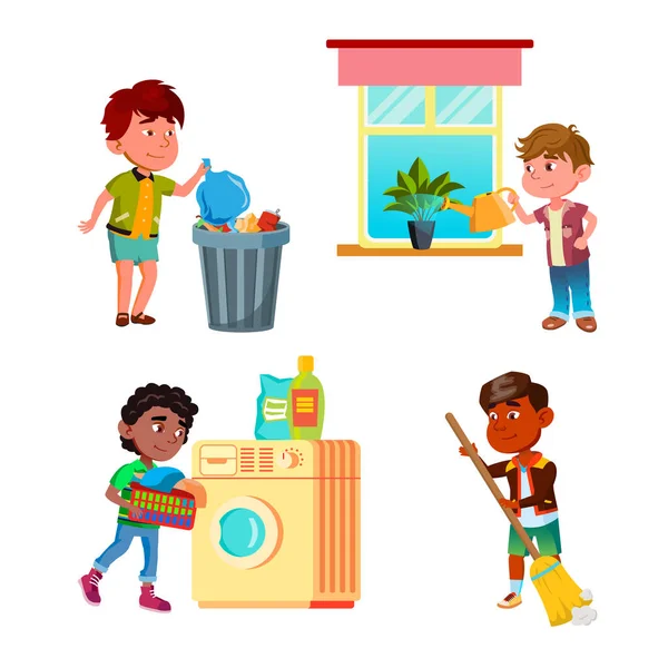 Boys Kids Cleaning And Doing Housework Set Vector — Stock Vector