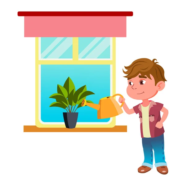 Boy Child Watering House Plant With Can Vector — Stock Vector