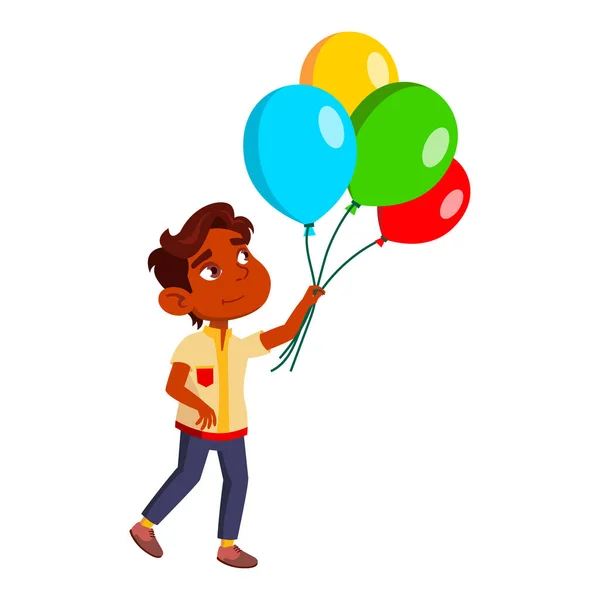 Boy Kid Walking And Looking At Air Balloons Vector — Stock Vector