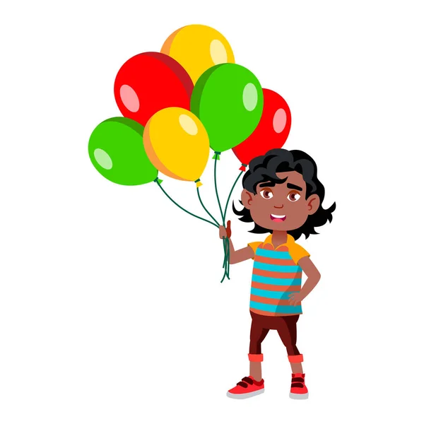 Boy Kid Standing With Multicolored Balloons Vector — Stock Vector