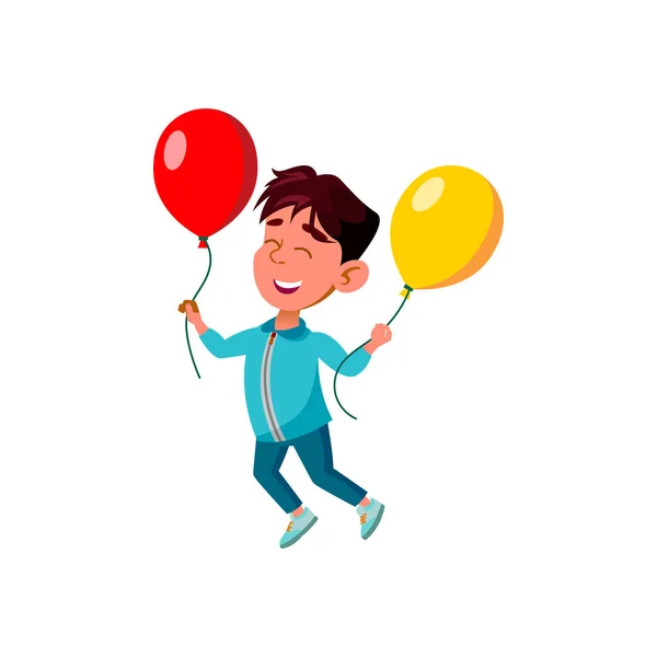 Niño saltando con globos de helio Vector — Vector de stock
