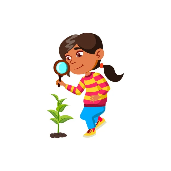 Dívka dítě výzkum rostlina s lupou vektor — Stockový vektor