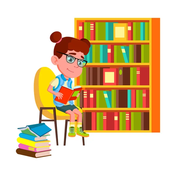 Mädchen lesen Lehrbuch im Bibliotheksvektor — Stockvektor
