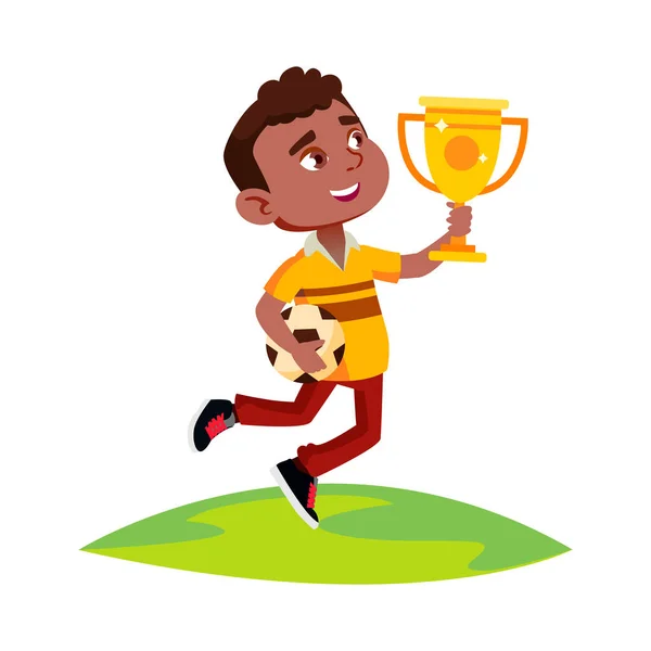 Junge feiert Sieg im Fußball-Wettbewerb — Stockvektor