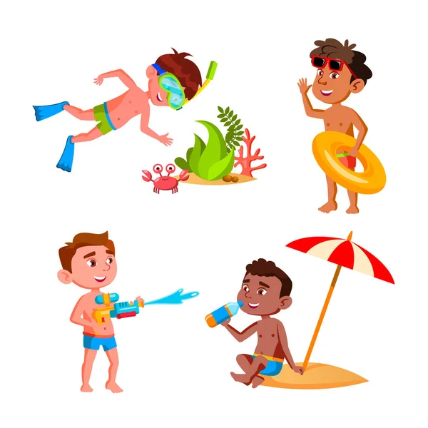 Jungen Kinder Urlaub Aktivität am Strand Set Vector — Stockvektor