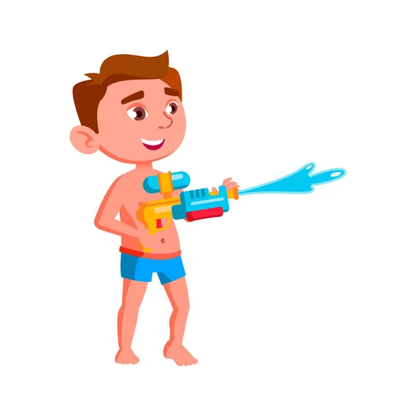 Niño jugando con pistola de agua en vector de playa — Vector de stock