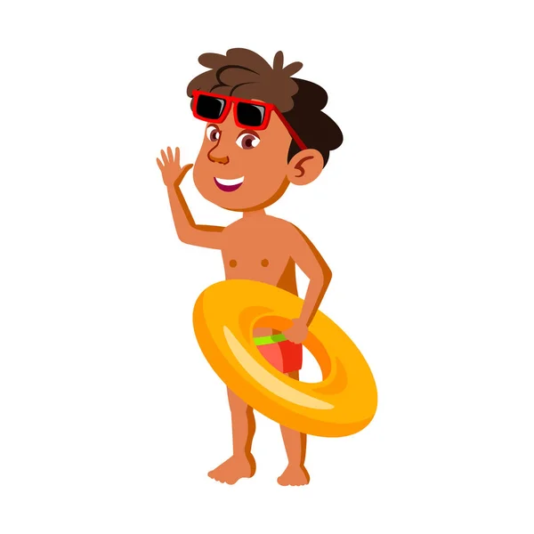 Niño con salvavidas ir a la piscina Vector — Vector de stock