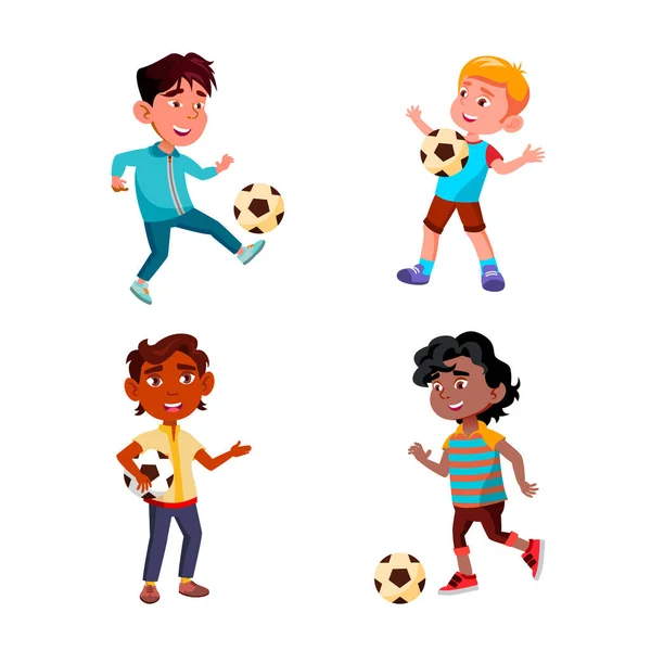 Niños niños jugando fútbol deporte juego conjunto vector — Archivo Imágenes Vectoriales