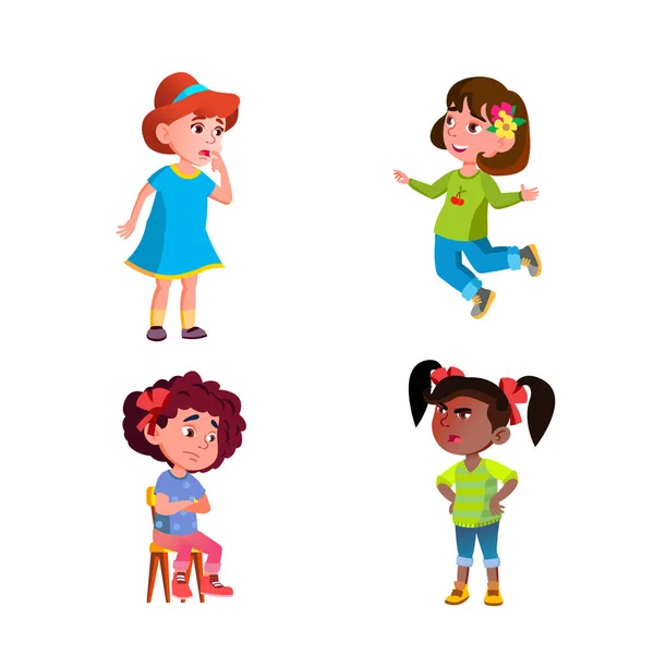 Girls Children Different Emotions Mood Set Vector — Stock Vector