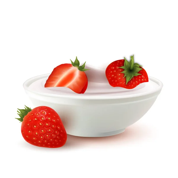 Cuenco de postres lácteos de yogur con vector de fresa — Vector de stock