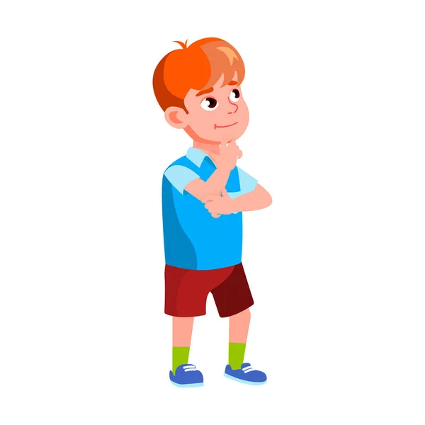 Boy Kid Standing In Store And Thinking Vector — Stock Vector