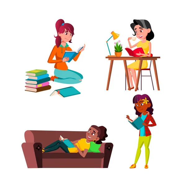Teen Girls Reading Educational Book Set Vector — Stock Vector