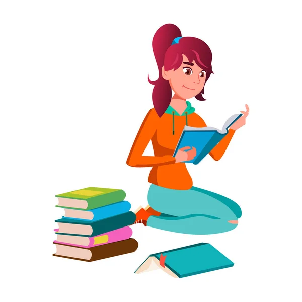 Girl Teen Sitting On Floor And Reading Book Vector - Stok Vektor