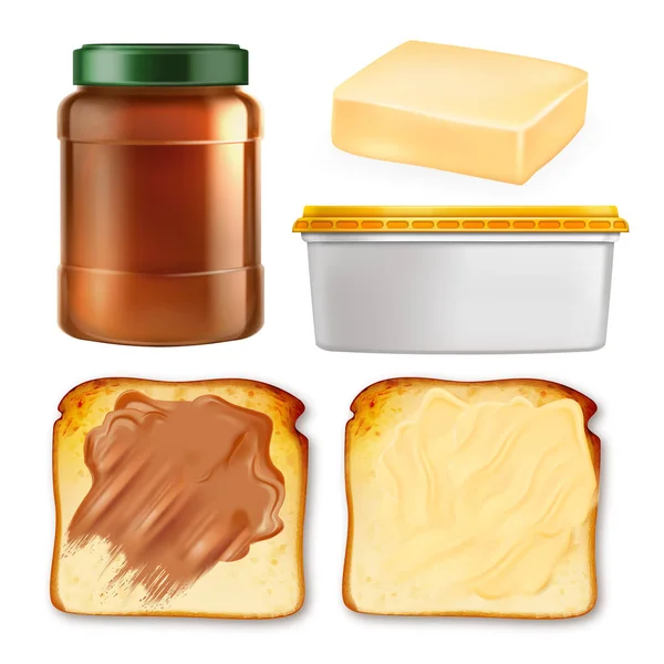 Boterverspreiding op toast en pakketset Vector — Stockvector