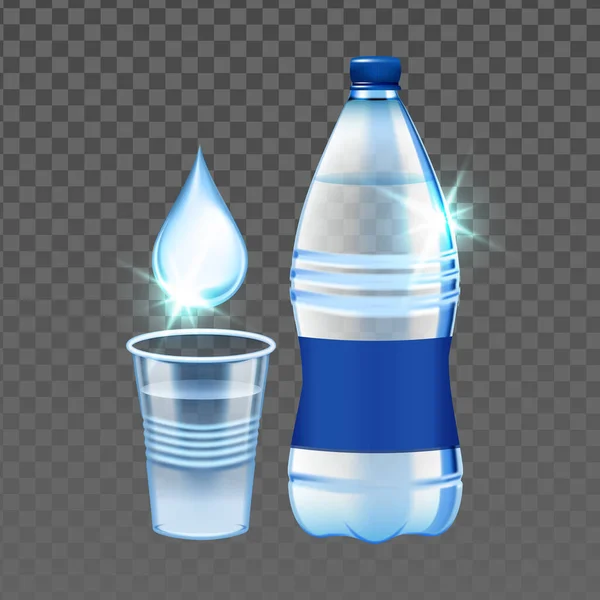 Gota de agua mineral, taza y vector de botella en blanco — Vector de stock