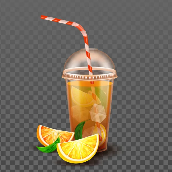 Oranje Juice Cup met ijsblokjes en strovector — Stockvector