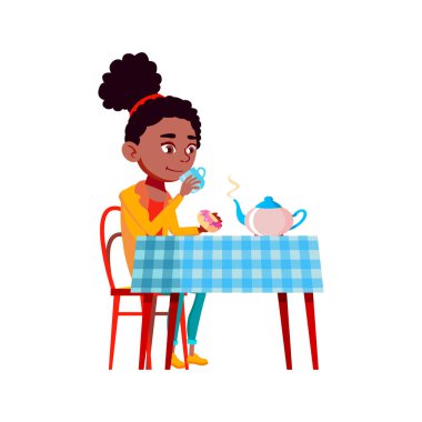 Sabah Vektörü Masasında Çay İçen Genç Kız