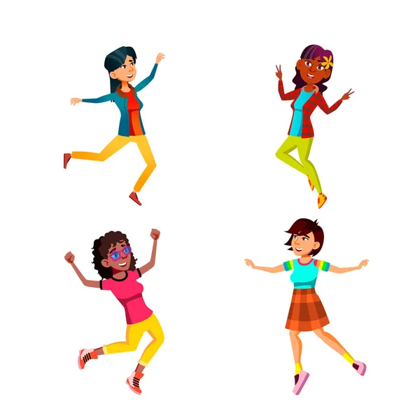 Jumping Teen Girls Celebrating Success Set Vector — Stock Vector
