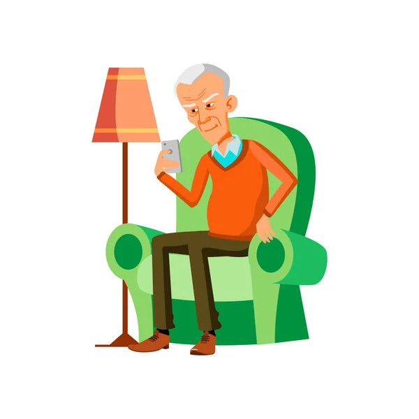 Oude man leest Sms op mobiele telefoon scherm Vector — Stockvector