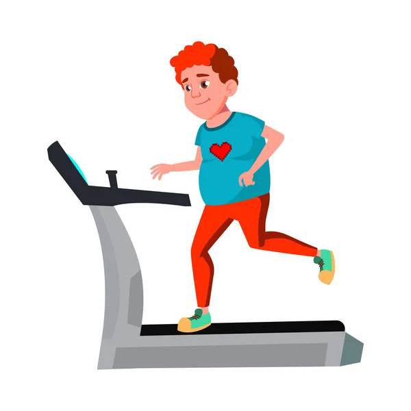 Fat Boy Teen Running On Treadmill In Gym Vector — Stock Vector