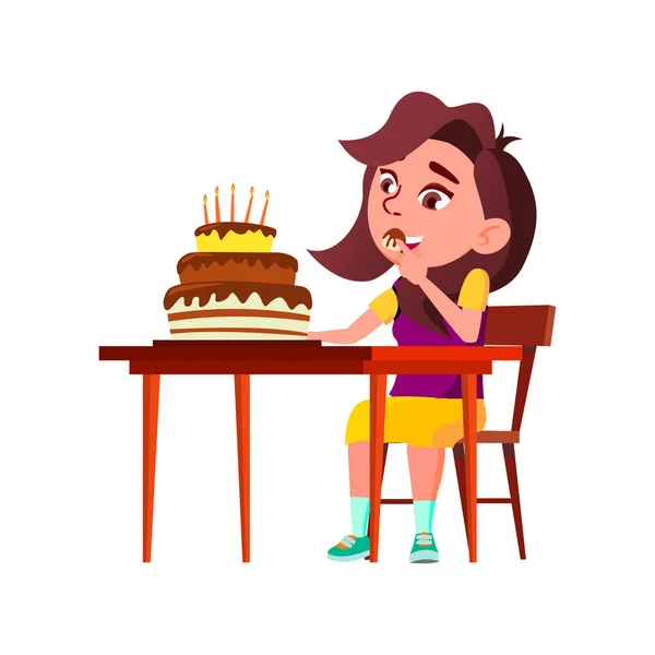 Escola menina criança comendo bolo de aniversário vetor de comida — Vetor de Stock