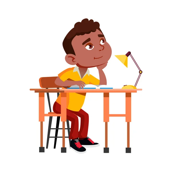 Niño de la escuela sentado en el escritorio y Vector de pensamiento — Vector de stock