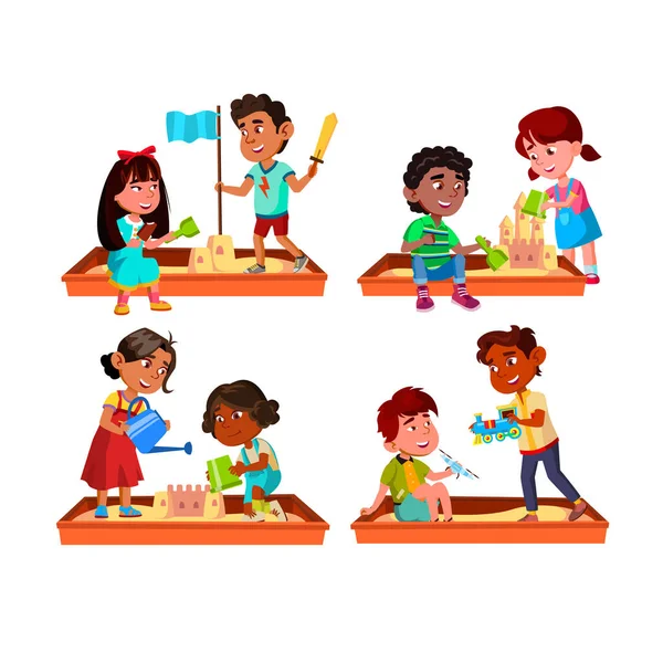 Menino e menina crianças brincando em Sandbox Set Vector — Vetor de Stock