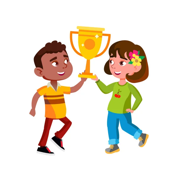 Chłopiec i dziewczyna dzieci gospodarstwa nagrodę wektor Cup — Wektor stockowy