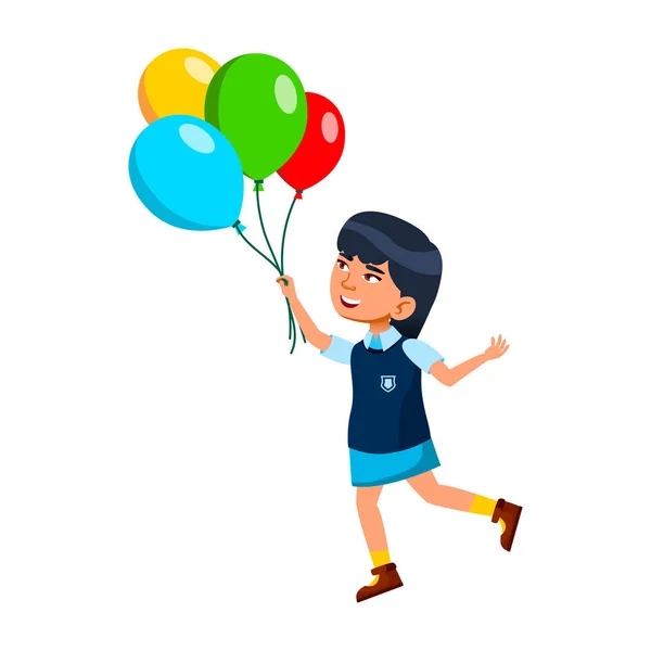 Kid Girl Playing With Helium Balloons Bunch Vector — Stock Vector