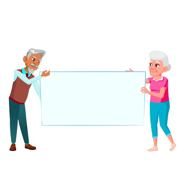Old Man And Woman Holding Blank Banner Vector — Stock Vector