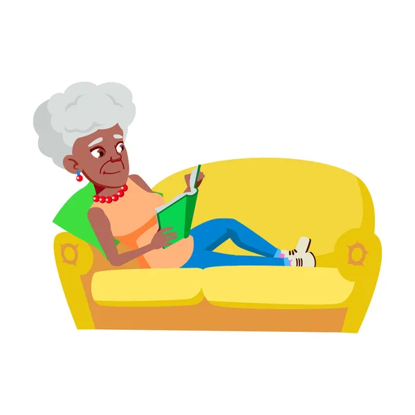 Old Woman Laying On Couch And Reading Book Vector — Stock Vector