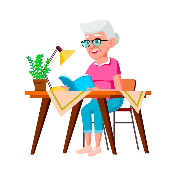 Γριά γυναίκα κάθεται στο τραπέζι και διαβάζοντας βιβλίο διάνυσμα — Διανυσματικό Αρχείο