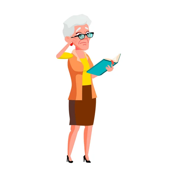 Droevige oudere vrouw die boek leest in de bibliotheek Vector — Stockvector