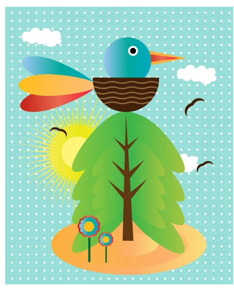 Background with bird, flowers and tree — Stock Vector