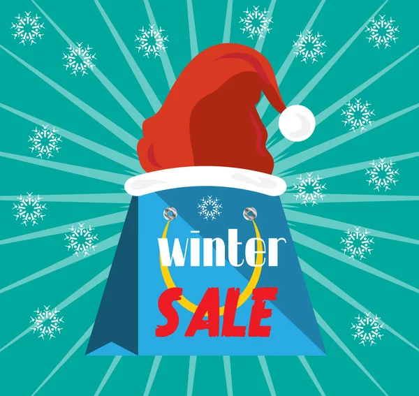 Étiquette publicitaire avec texte vente d'hiver, chapeau rouge avec pompon — Image vectorielle