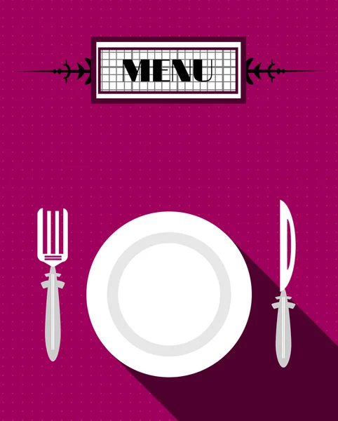 Card of menu with white plate and fork and knife, flat design — Stock Vector