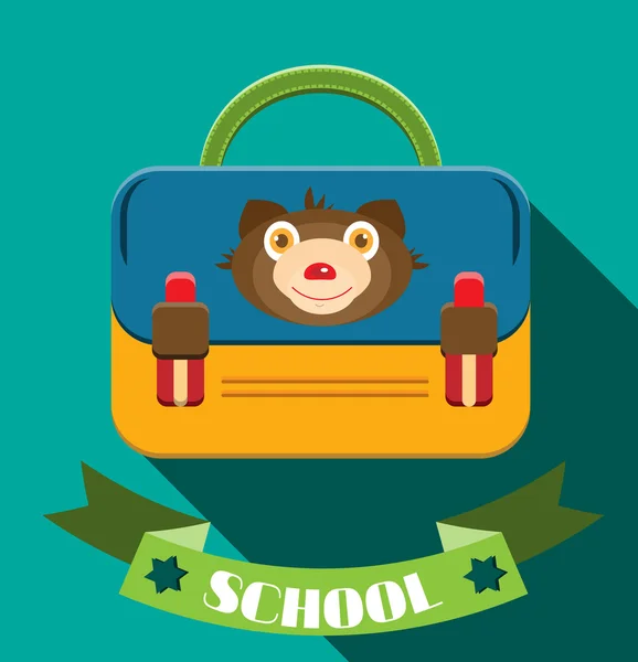 Blue, yellow schoolbag with bear and text school — Stock Vector