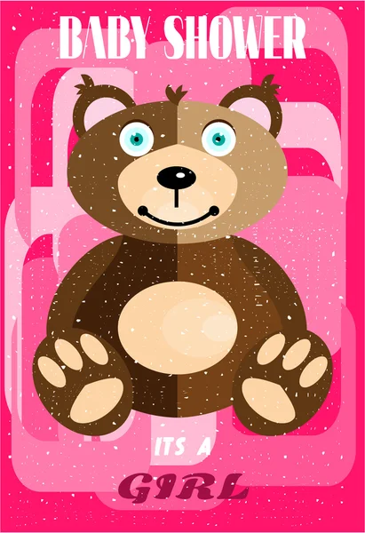 Baby shower - it is a girl, brown hairy bear, pink background — Stock Vector