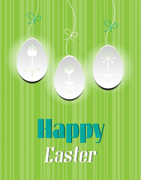 Kaart met tekst Happy Easter, drie witte eieren — Stockvector