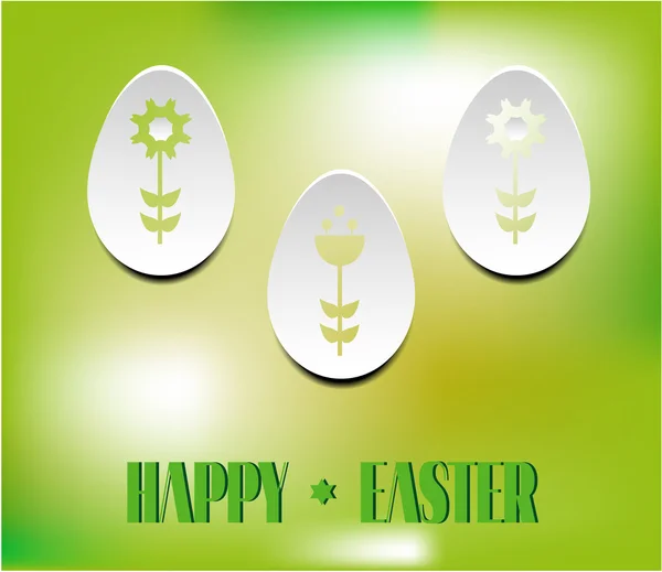 Kaart met tekst Happy Easter, drie witte eieren — Stockvector